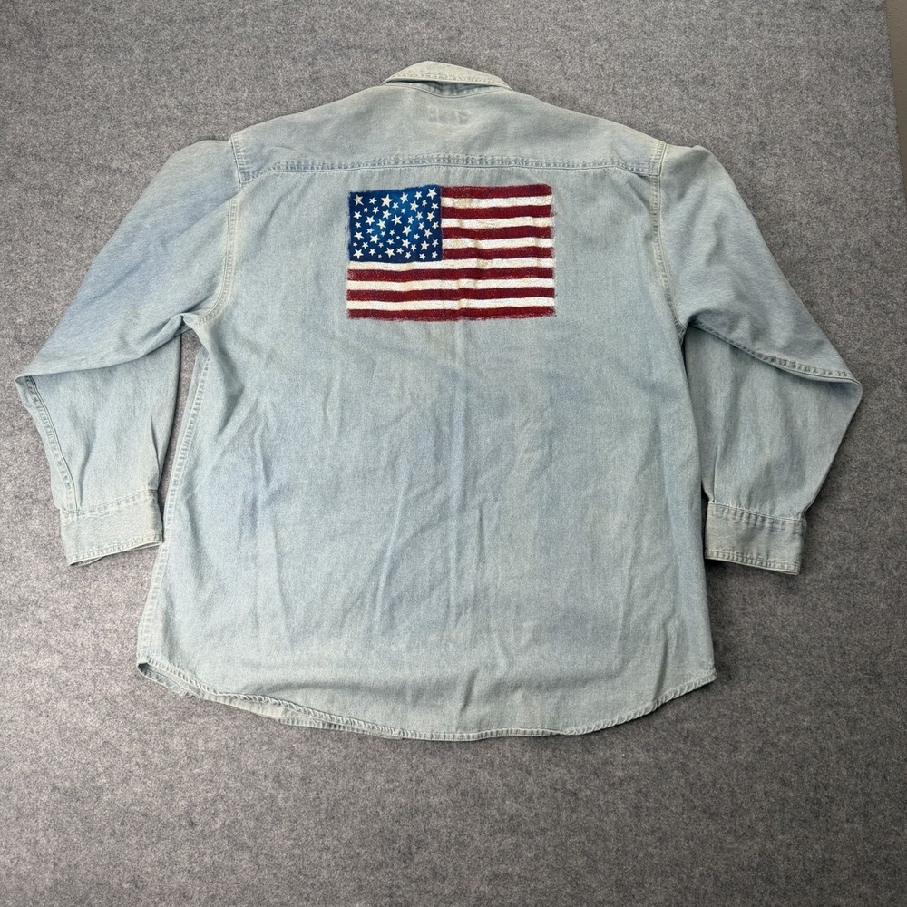 Polar Graphics USA XL Blue Denim Shirt Large Glitter American Flag Back Cotton
